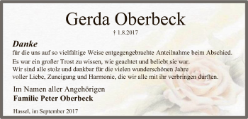 Traueranzeige von Gerda Oberbeck von SYK