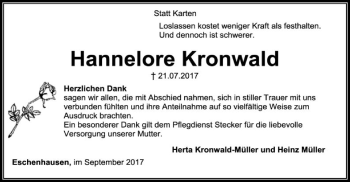 Traueranzeige von Hannelore Kronwald von SYK