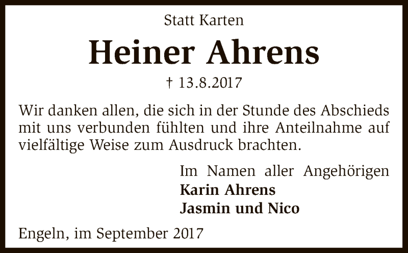  Traueranzeige für Heiner Ahrens vom 29.09.2017 aus SYK