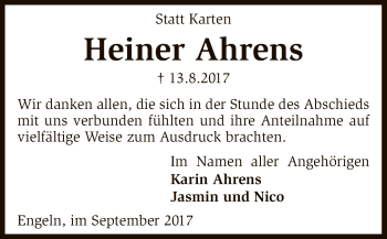 Traueranzeige von Heiner Ahrens von SYK