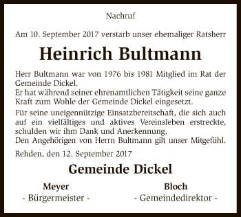 Traueranzeige von Heinrich Bultmann von SYK