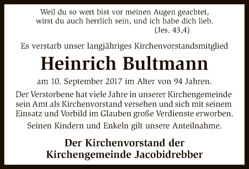  Traueranzeige für Heinrich Bultmann vom 13.09.2017 aus SYK
