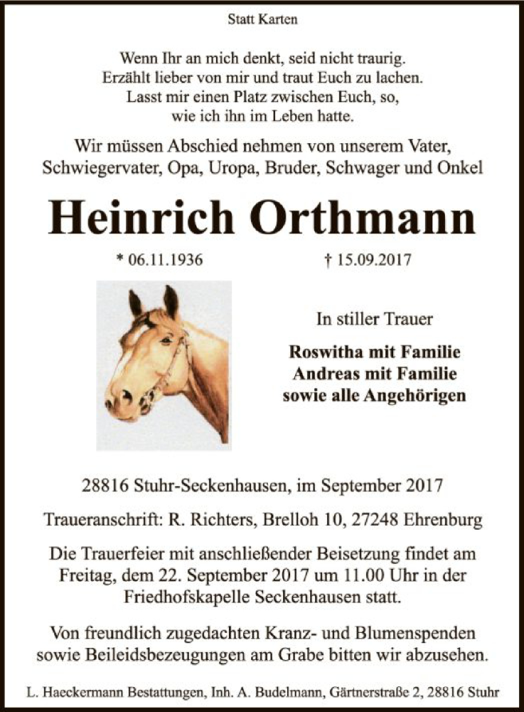  Traueranzeige für Heinrich Orthmann vom 20.09.2017 aus SYK