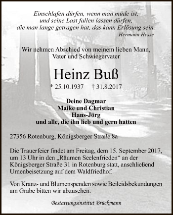 Traueranzeige von Heinz Buß von SYK