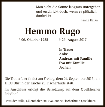 Traueranzeige von Hemmo Rugo von SYK