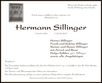 Traueranzeige von Hermann Sillinger von SYK