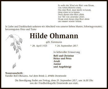 Traueranzeige von Hilde Ohmann von SYK