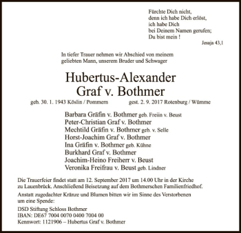 Traueranzeige von Hubertus-Alexander Graf v. Bothmer von SYK