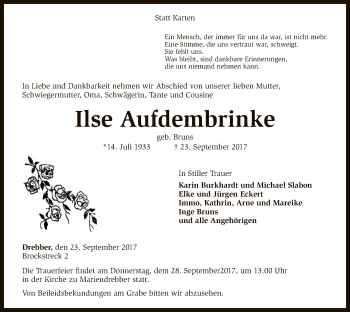 Traueranzeige von Ilse Aufdembrinke von SYK