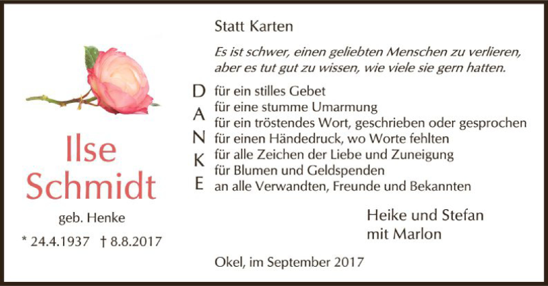  Traueranzeige für Ilse Schmidt vom 30.09.2017 aus SYK