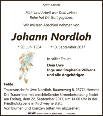 Traueranzeige von Johann Nordloh von SYK