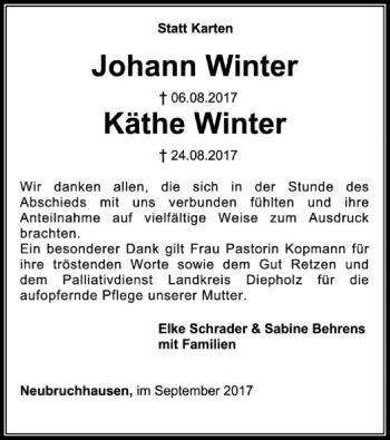 Traueranzeige von Johann und Käthe Winter von SYK