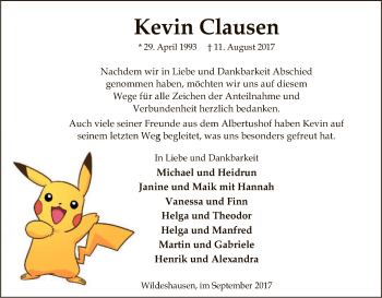 Traueranzeige von Kevin Clausen von SYK