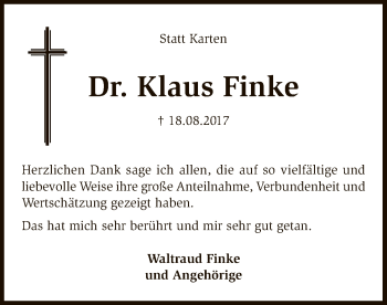 Traueranzeige von Klaus Finke von SYK