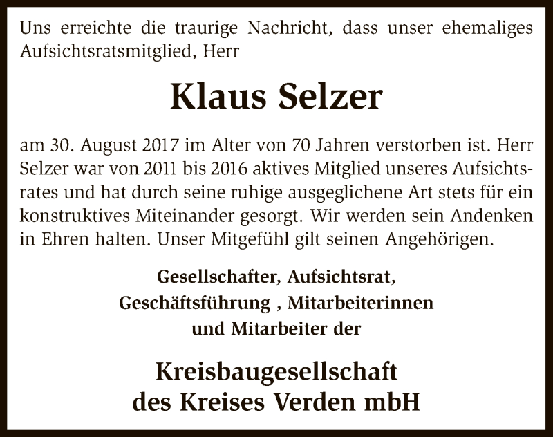  Traueranzeige für Klaus Selzer vom 13.09.2017 aus SYK