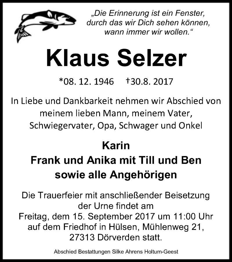  Traueranzeige für Klaus Selzer vom 09.09.2017 aus SYK