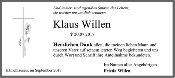 Traueranzeige von Klaus Willen von SYK