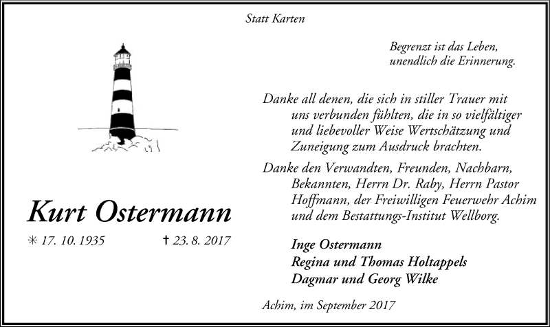  Traueranzeige für Kurt Ostermann vom 23.09.2017 aus SYK