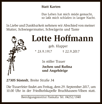 Traueranzeige von Lotte Hoffmann von SYK