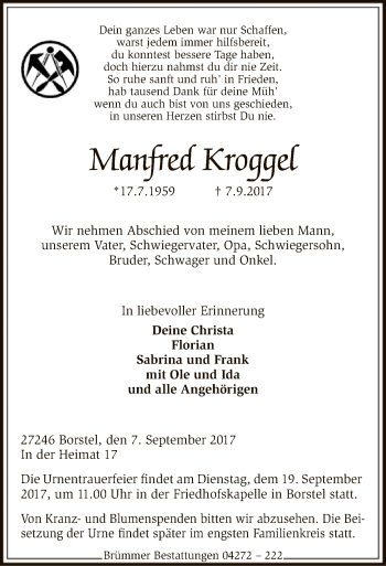 Traueranzeige von Manfred Kroggel von SYK