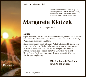 Traueranzeige von Margarete Klotzek von SYK