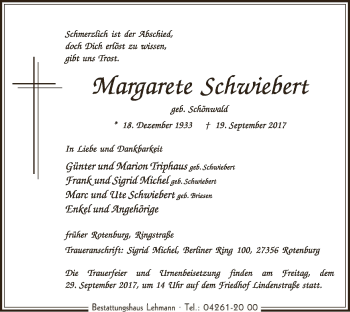 Traueranzeige von Margarete Schwiebert von SYK