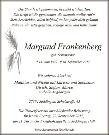 Traueranzeige von Margund Frankenberg von SYK