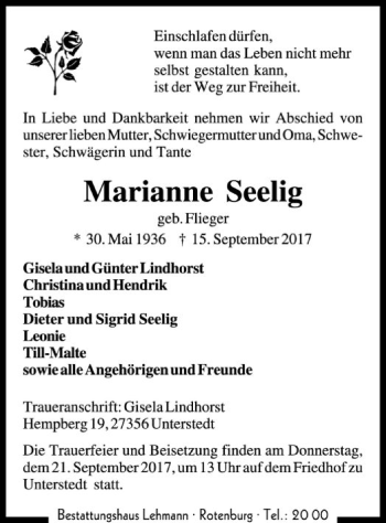 Traueranzeige von Marianne Seelig von SYK