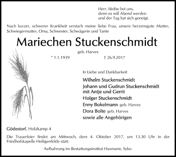 Traueranzeige von Mariechen Stuckenschmidt von SYK