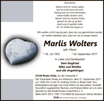 Traueranzeige von Marlis Wolters von SYK