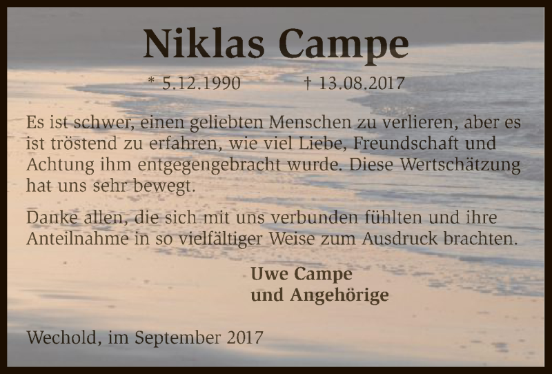  Traueranzeige für Niklas Campe vom 08.09.2017 aus SYK