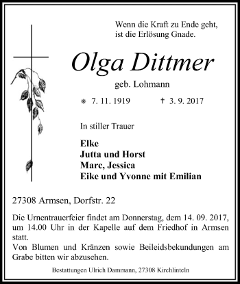 Traueranzeige von Olga Dittmer von SYK