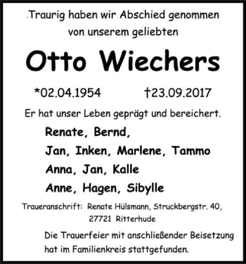 Traueranzeige von Otto Wiechers von SYK