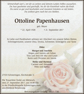 Traueranzeige von Ottoline Papenhausen von SYK