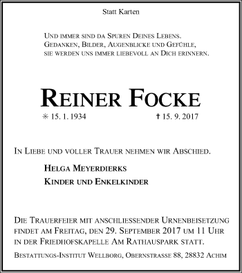 Traueranzeige von Reiner Focke von SYK