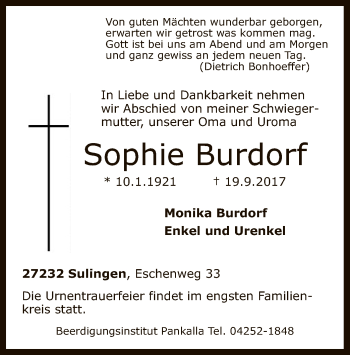 Traueranzeige von Sophie Burdorf von SYK