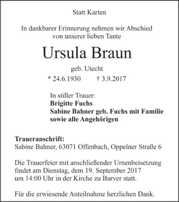 Traueranzeige von Ursula Braun von SYK