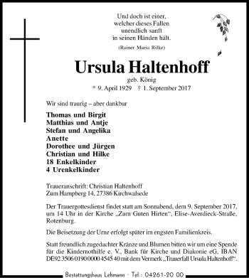 Traueranzeige von Ursula Haltenhoff von SYK