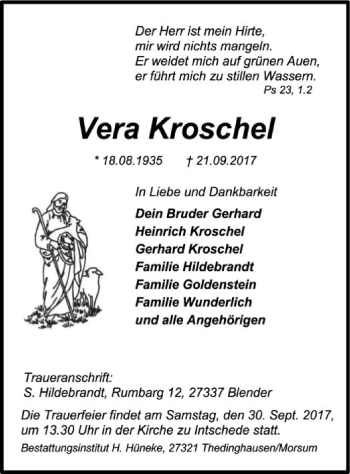 Traueranzeige von Vera Kroschel von SYK