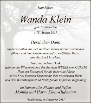 Traueranzeige von Wanda Klein von SYK