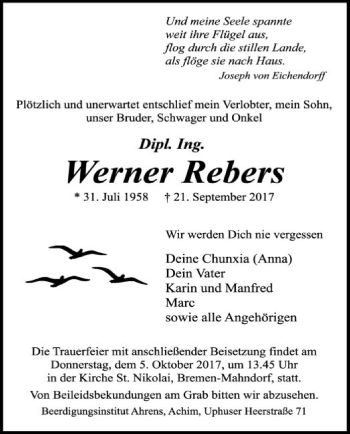 Traueranzeige von Werner Rebers von SYK