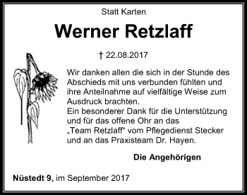 Traueranzeige von Werner Retzlaff von SYK