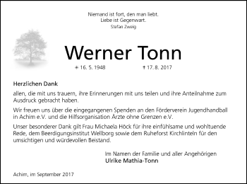 Traueranzeige von Werner Tonn von SYK