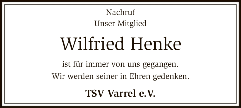  Traueranzeige für Wilfried Henke vom 12.09.2017 aus SYK