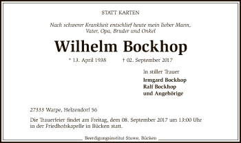 Traueranzeige von Wilhelm Bockhop von SYK