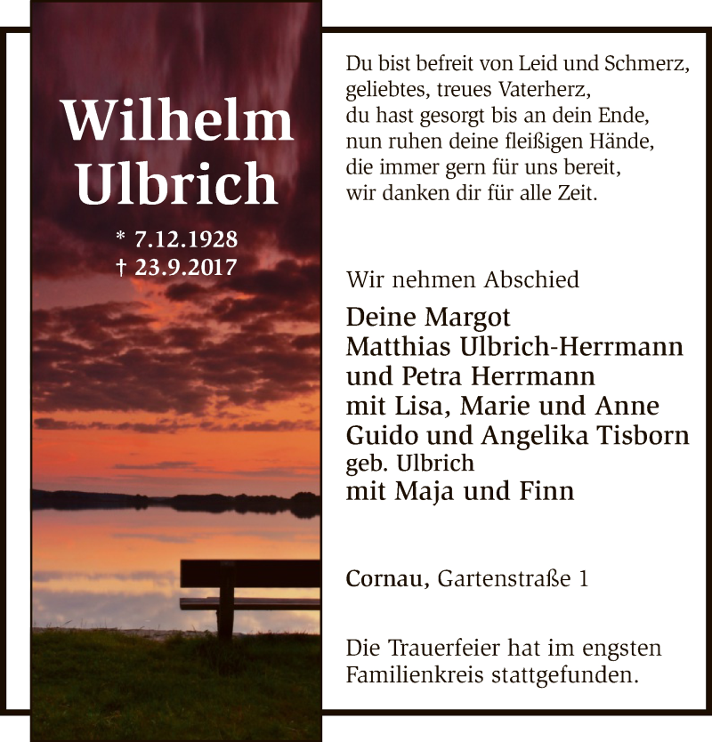  Traueranzeige für Wilhelm Ulbrich vom 30.09.2017 aus SYK