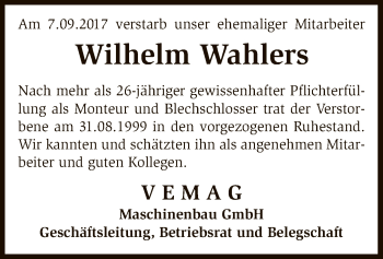 Traueranzeige von Wilhelm Wahlers von SYK