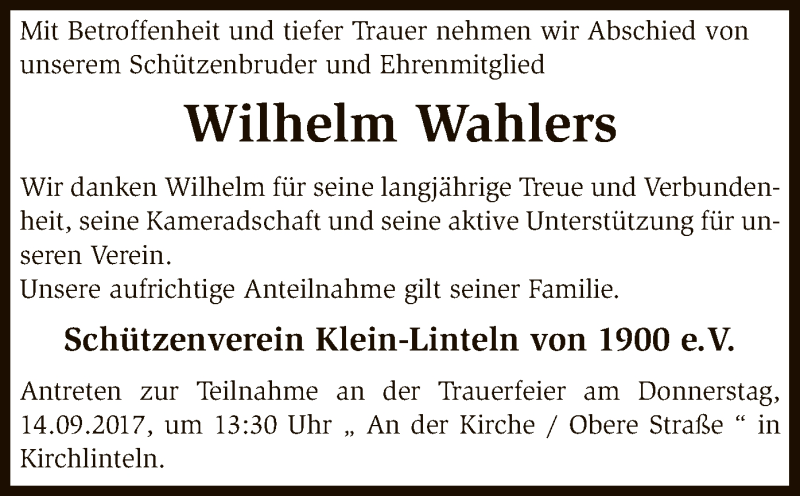  Traueranzeige für Wilhelm Wahlers vom 12.09.2017 aus SYK