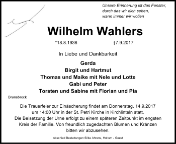 Traueranzeige von Wilhelm Wahlers von SYK