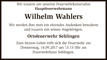 Traueranzeige von Wilhelm Wahlers von SYK